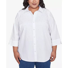 Alfred Dunner Plus Size Flower Power Studded Button Down Collared Top, White