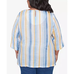Alfred Dunner Plus Size Flower Power Striped Flower Detail Button Front Top, Multi Blue