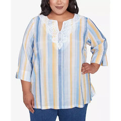 Alfred Dunner Plus Size Flower Power Striped Flower Detail Button Front Top, Multi Blue