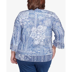 Alfred Dunner Plus Size Flower Power Lacey Floral Patchwork Crew Neck Top, Blue
