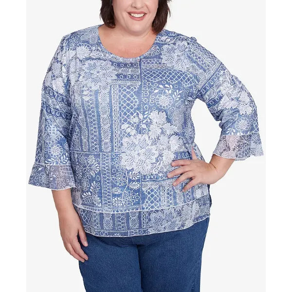 Alfred Dunner Plus Size Flower Power Lacey Floral Patchwork Crew Neck Top, Blue