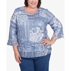 Alfred Dunner Plus Size Flower Power Lacey Floral Patchwork Crew Neck Top, Blue