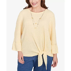 Alfred Dunner Plus Size Flower Power Tie Front Textured Crew Neck T-Shirt with Necklace, Buttercup