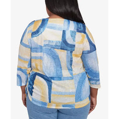 Alfred Dunner Plus Size Flower Power Watercolor Patchwork Geometric Keyhole Neck Top, Multi Blue