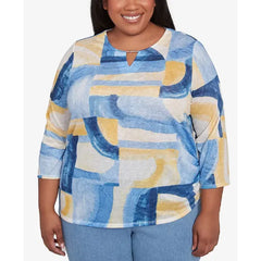 Alfred Dunner Plus Size Flower Power Watercolor Patchwork Geometric Keyhole Neck Top, Multi Blue