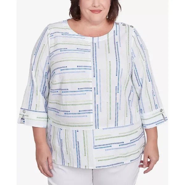 Alfred Dunner Plus Size Parrot Cay Spliced Textured Jacquard Crew Neck Top, Cobalt Multi