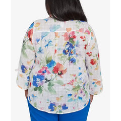 Alfred Dunner Plus Size Parrot Cay Abstract Watercolor Button Down Collared Top, Cobalt Multi, Size 3X