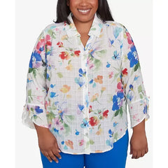 Alfred Dunner Plus Size Parrot Cay Abstract Watercolor Button Down Collared Top, Cobalt Multi, Size 3X
