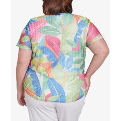 Alfred Dunner Plus Size Parrot Cay Textured Tropical Beaded Neck Top, Multi Green