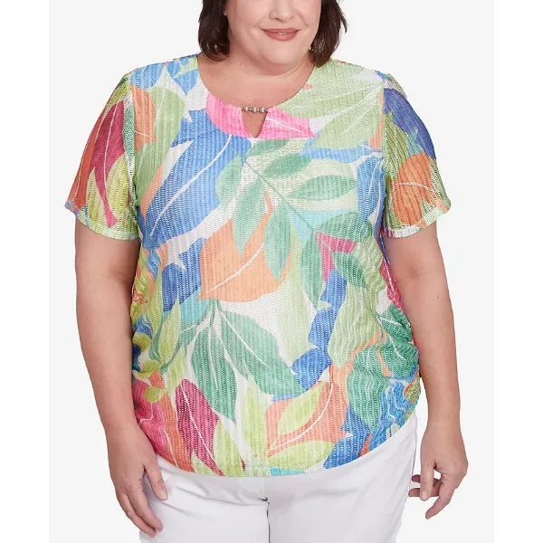 Alfred Dunner Plus Size Parrot Cay Textured Tropical Beaded Neck Top, Multi Green