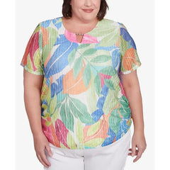 Alfred Dunner Plus Size Parrot Cay Textured Tropical Beaded Neck Top, Multi Green