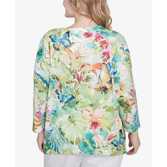 Alfred Dunner Plus Size Parrot Cay Tropical Toucan Crew Neck Top, Multi Green