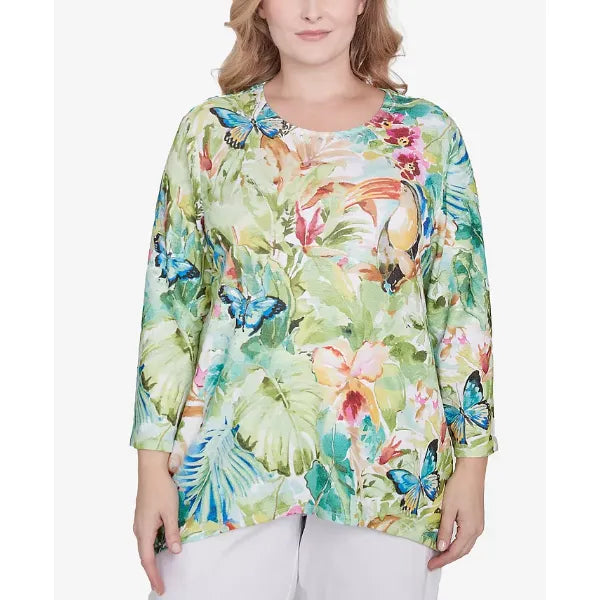Alfred Dunner Plus Size Parrot Cay Tropical Toucan Crew Neck Top, Multi Green