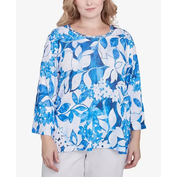 Alfred Dunner Plus Size Parrot Cay Monotone Cobalt Floral Top, Cobalt Blue