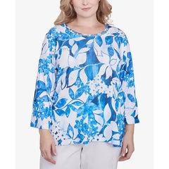 Alfred Dunner Plus Size Parrot Cay Monotone Cobalt Floral Top, Cobalt Blue