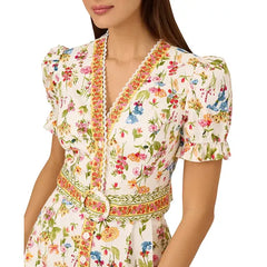 Adrianna Papell Womens Puff Sleeve Belted Romper, Stylish Casual or Party Outfit, Ivory Multi
