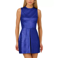 Adrianna Papell Womens Beaded Neck Foil Romper, Stylish Special Occasion or Evening Outfit, Royal Sapphire