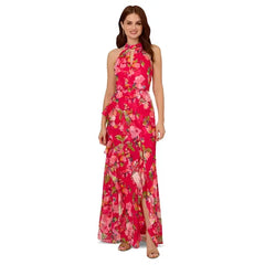 Adrianna Papell Petite Printed Chiffon Ruffle Dress, Elegant Style for Special Occasions,Pink Multi