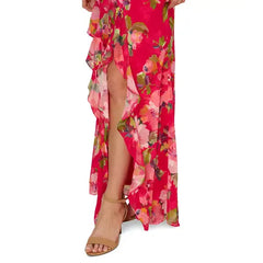 Adrianna Papell Petite Printed Chiffon Ruffle Dress, Elegant Style for Special Occasions,Pink Multi