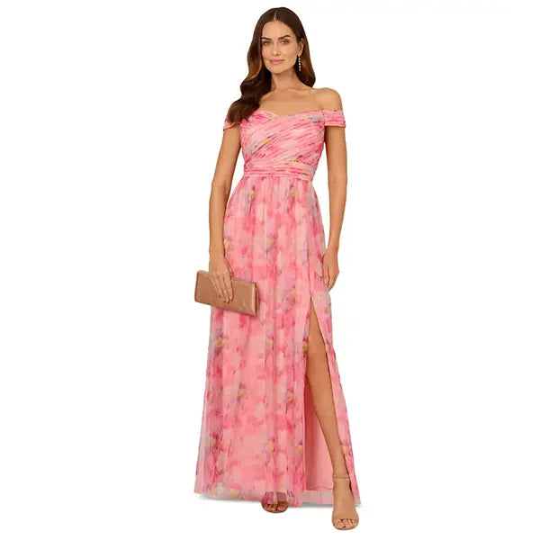Adrianna Papell Petite Off the Shoulder Tulle Gown Elegant Formal Dress for Special Events, Pink Multi