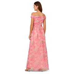 Adrianna Papell Petite Off the Shoulder Tulle Gown Elegant Formal Dress for Special Events, Pink Multi