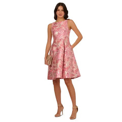 Adrianna Papell Women's Floral Jacquard Fit and Flare Dress for Elegant and Feminine Occasion Wear , Pink Multi
