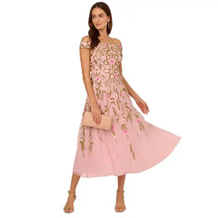 Adrianna Papell Womens Beaded Fit and Flare Dress Elegant Sparkle for Special Occasions, Pink Multi