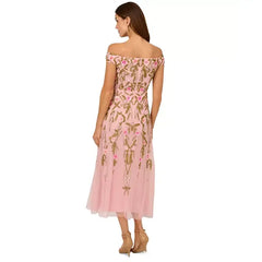 Adrianna Papell Womens Beaded Fit and Flare Dress Elegant Sparkle for Special Occasions, Pink Multi