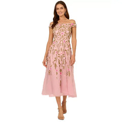 Adrianna Papell Womens Beaded Fit and Flare Dress Elegant Sparkle for Special Occasions, Pink Multi