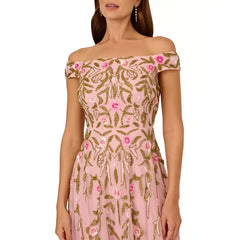 Adrianna Papell Womens Beaded Fit and Flare Dress Elegant Sparkle for Special Occasions, Pink Multi