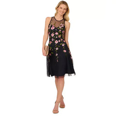 Adrianna Papell Womens Embroidered Beaded Fit and Flare Dress, Elegant Sparkle for Formal Occasions