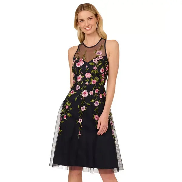 Adrianna Papell Womens Embroidered Beaded Fit and Flare Dress, Elegant Sparkle for Formal Occasions