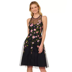 Adrianna Papell Womens Embroidered Beaded Fit and Flare Dress, Elegant Sparkle for Formal Occasions