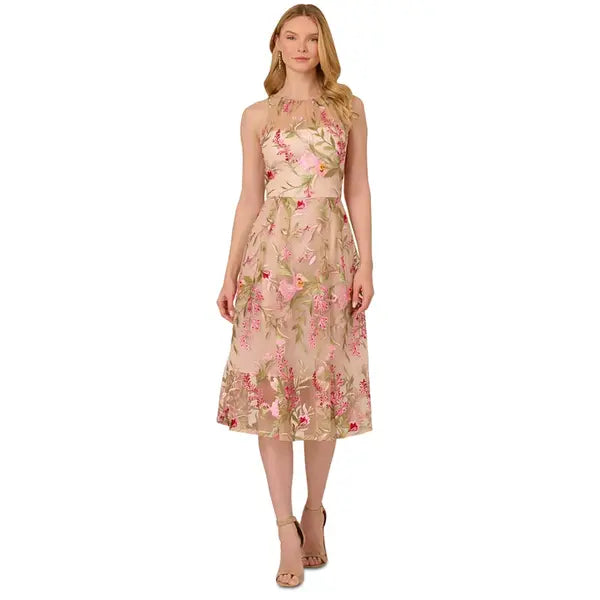 Adrianna Papell Women's Embroidered Fit and Flare Dress for Elegant and Feminine Occasion Wear, Pink Multi
