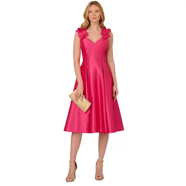 Adrianna Papell Women's Floral Appliqué Fit and Flare Dress for Elegant Occasion Wear, Electric Pink