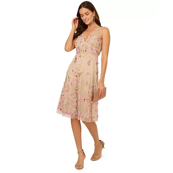 Adrianna Papell Womens Beaded Mesh Midi Dress Elegant Sparkling Style for Formal Events, Biscotti Multi