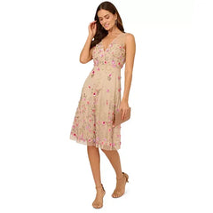 Adrianna Papell Womens Beaded Mesh Midi Dress Elegant Sparkling Style for Formal Events, Biscotti Multi