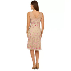 Adrianna Papell Womens Beaded Mesh Midi Dress Elegant Sparkling Style for Formal Events, Biscotti Multi