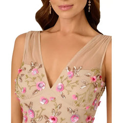 Adrianna Papell Womens Beaded Mesh Midi Dress Elegant Sparkling Style for Formal Events, Biscotti Multi