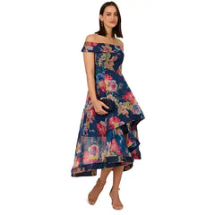 Adrianna Papell Women's Floral Organza High Low Gown for Elegant and Feminine Evening Wear, Navy Multi