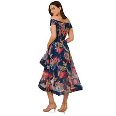 Adrianna Papell Women's Floral Organza High Low Gown for Elegant and Feminine Evening Wear, Navy Multi