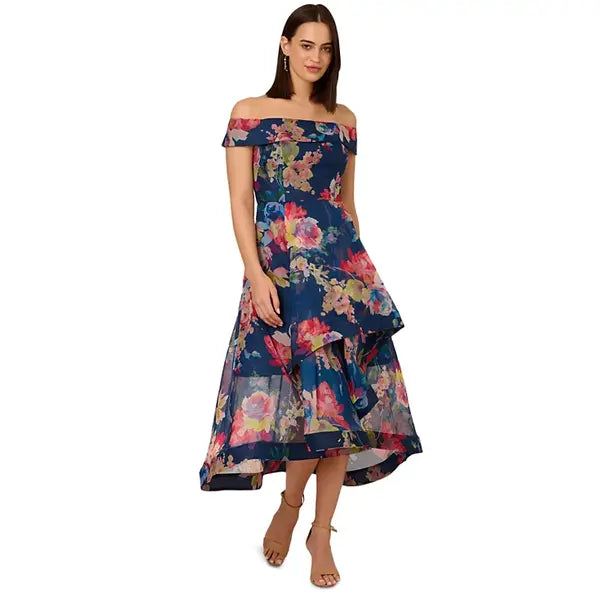 Adrianna Papell Women's Floral Organza High Low Gown for Elegant and Feminine Evening Wear, Navy Multi