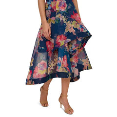 Adrianna Papell Women's Floral Organza High Low Gown for Elegant and Feminine Evening Wear, Navy Multi