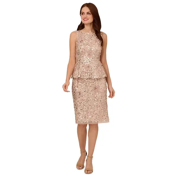 Adrianna Papell Womens Beaded Peplum Sheath Dress, Elegant Formal or Evening Outfit, Shell