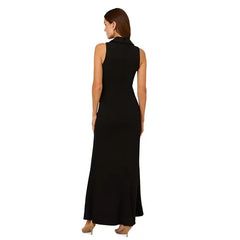 Adrianna Papell Womens Scalloped Tuxedo Gown, Sophisticated Formal or Evening Dress, Black