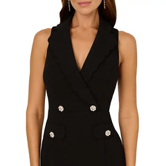 Adrianna Papell Womens Scalloped Tuxedo Gown, Sophisticated Formal or Evening Dress, Black