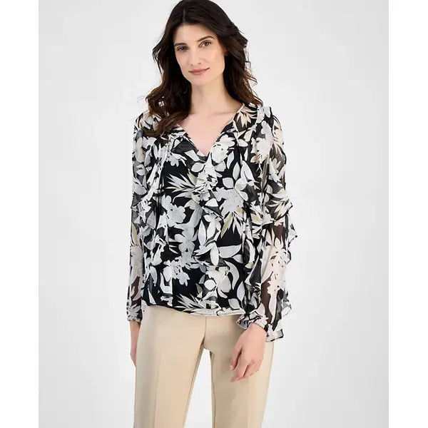 Anne Klein Womens Floral Print Ruffle Trim Blouse, Feminine Lightweight Top, Black Mutli