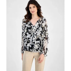 Anne Klein Womens Floral Print Ruffle Trim Blouse, Feminine Lightweight Top, Black Mutli