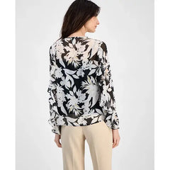 Anne Klein Womens Floral Print Ruffle Trim Blouse, Feminine Lightweight Top, Black Mutli