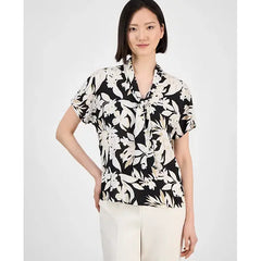 Anne Klein Womens Printed Tie Neck Blouse, Elegant Stylish Top for Office or Casual Wear